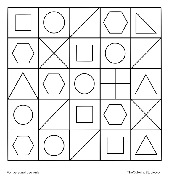 Geometric mosaic grid with squares, circles, triangles, and hexagons on a white background.