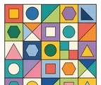Geometric mosaic grid with squares, circles, triangles, and hexagons on a white background.