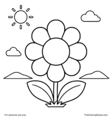 big flower with sun clouds and small hills