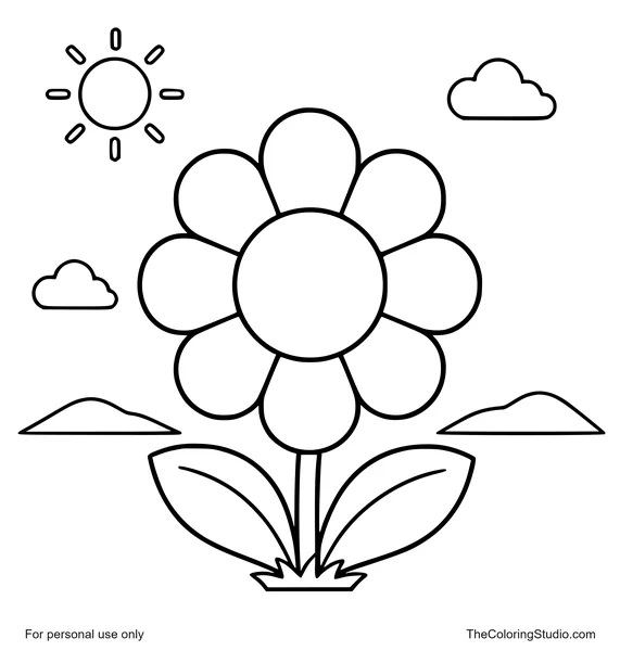 big flower with sun clouds and small hills