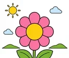 big flower with sun clouds and small hills