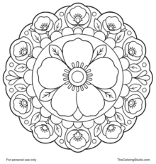 Poppy mandala with broad dark pink petals, green leaf shapes, and flat decorative rings on a white background.