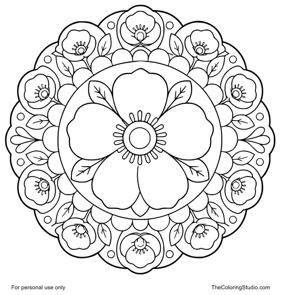 Poppy mandala with broad dark pink petals, green leaf shapes, and flat decorative rings on a white background.