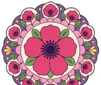 Poppy mandala with broad dark pink petals, green leaf shapes, and flat decorative rings on a white background.