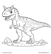 Brave carnotaurus with short horns, tiny arms, sturdy legs, long tail, and simple prehistoric ground patch on a white background.