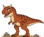 Brave carnotaurus with short horns, tiny arms, sturdy legs, long tail, and simple prehistoric ground patch on a white background.