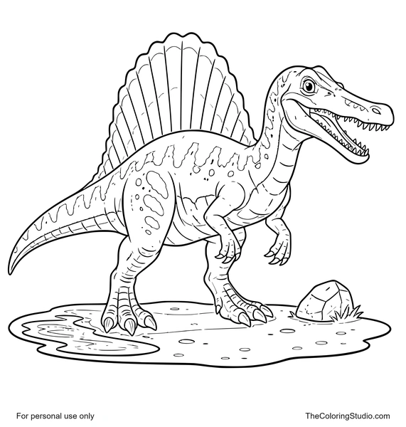 Brave spinosaurus with a tall back sail, long narrow snout, sturdy legs, long tail, simple ground patch, small water puddle, and rock on a white background.