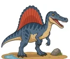 Brave spinosaurus with a tall back sail, long narrow snout, sturdy legs, long tail, simple ground patch, small water puddle, and rock on a white background.