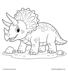 Brave triceratops with three horns, large rounded frill, sturdy body, short tail, simple ground patch, and two small rocks on a white background.