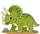 Brave triceratops with three horns, large rounded frill, sturdy body, short tail, simple ground patch, and two small rocks on a white background.
