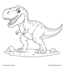 Brave tyrannosaurus with a large head, short arms, sturdy legs, long tail, simple prehistoric ground patch, and two small rocks on a white background.
