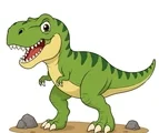 Brave tyrannosaurus with a large head, short arms, sturdy legs, long tail, simple prehistoric ground patch, and two small rocks on a white background.