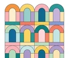 Arch tile grid with large colorful geometric arches and square base cells on a white background.