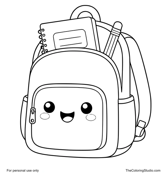 Bright backpack with a pencil and notebook tucked inside, rounded pockets, and a white background.