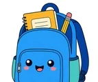 Bright backpack with a pencil and notebook tucked inside, rounded pockets, and a white background.