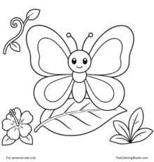 cute butterfly resting on a tropical leaf with flower and vine