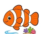 bright clownfish swimming near a tiny reef and water ripple