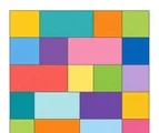 Square patchwork grid with large colorful touching geometric cells on a white background.