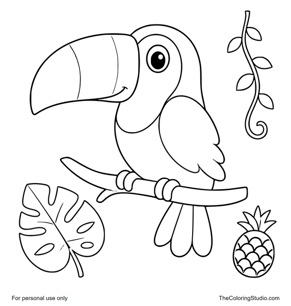 cute toucan perched on a rainforest branch with tropical leaves vine and fruit