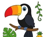 cute toucan perched on a rainforest branch with tropical leaves vine and fruit