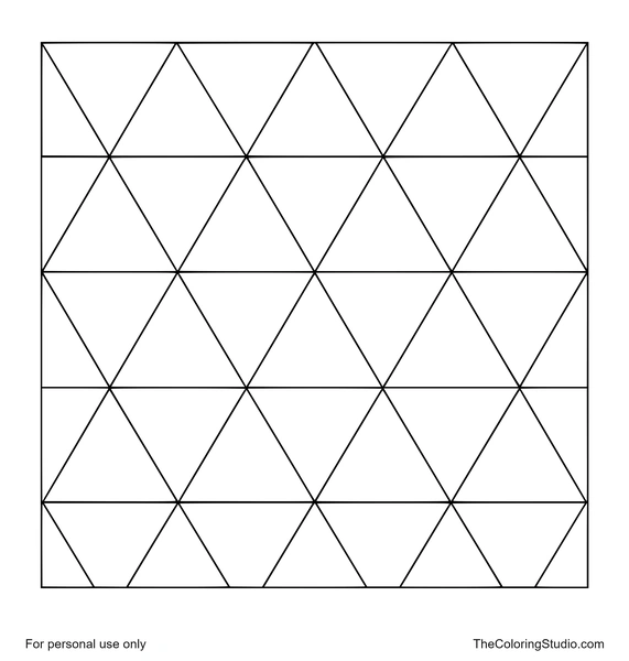 Triangle quilt grid with large colorful touching geometric cells on a white background.