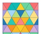 Triangle quilt grid with large colorful touching geometric cells on a white background.