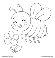 Cheerful bee with bold stripes hovering beside a simple flower on a white background.