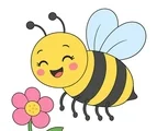Cheerful bee with bold stripes hovering beside a simple flower on a white background.
