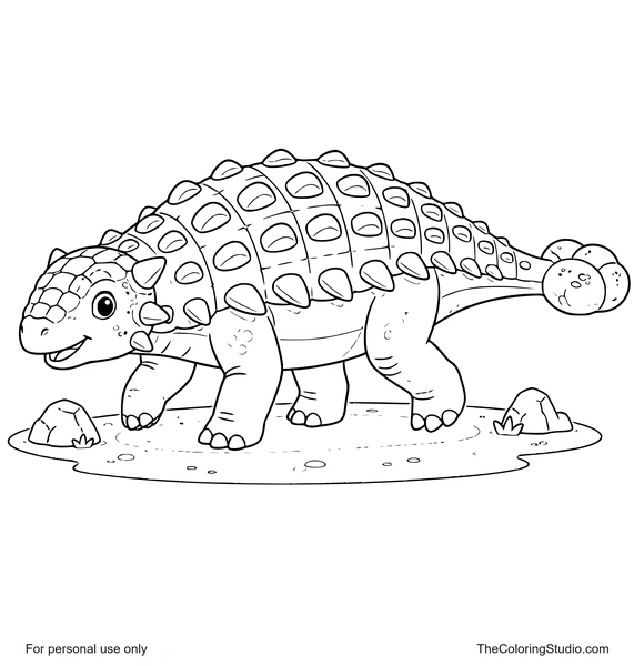 Calm ankylosaurus with armored back plates, a rounded tail club, sturdy legs, simple prehistoric ground patch, and two small rocks on a white background.
