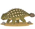Calm ankylosaurus with armored back plates, a rounded tail club, sturdy legs, simple prehistoric ground patch, and two small rocks on a white background.