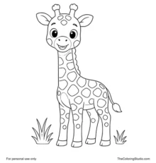 Calm young giraffe with a happy face, long neck, grouped brown spots, simple hooves, and savannah grass tufts on a white background.