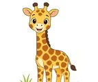 Calm young giraffe with a happy face, long neck, grouped brown spots, simple hooves, and savannah grass tufts on a white background.