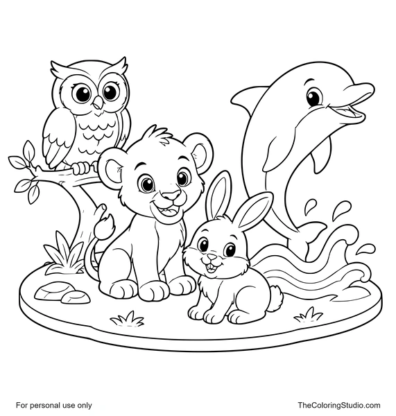 Animals category cover with a lion cub, dolphin, owl, and rabbit grouped together on a simple shared nature platform.