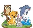 Animals category cover with a lion cub, dolphin, owl, and rabbit grouped together on a simple shared nature platform.