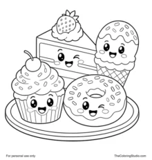 Smiling dessert treats with a cake slice, cupcake, donut, and ice cream grouped on a white background.