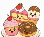 Smiling dessert treats with a cake slice, cupcake, donut, and ice cream grouped on a white background.