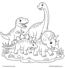 Cheerful group of four dinosaurs including a tyrannosaurus, triceratops, stegosaurus, and brachiosaurus arranged in a small parade on a white background.