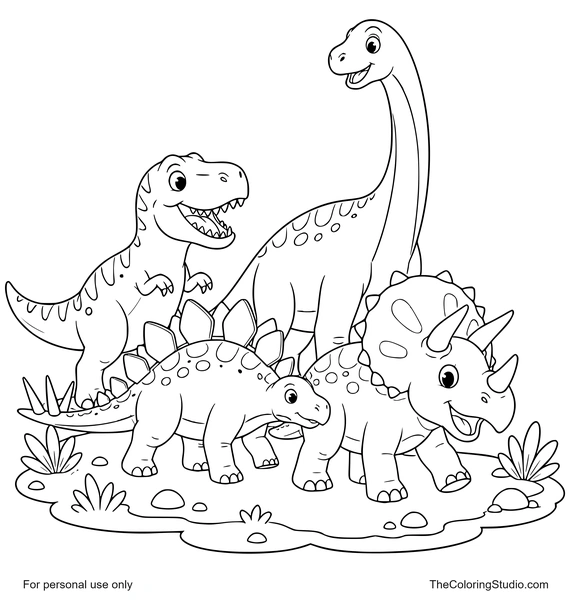 Cheerful group of four dinosaurs including a tyrannosaurus, triceratops, stegosaurus, and brachiosaurus arranged in a small parade on a white background.