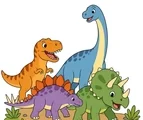 Cheerful group of four dinosaurs including a tyrannosaurus, triceratops, stegosaurus, and brachiosaurus arranged in a small parade on a white background.