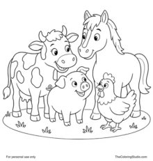 Cow, pig, horse, and chicken standing together with friendly faces on a simple farm ground.