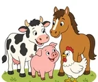 Cow, pig, horse, and chicken standing together with friendly faces on a simple farm ground.