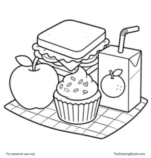 Smiling apple, cupcake, sandwich, and juice box grouped together on a white background.