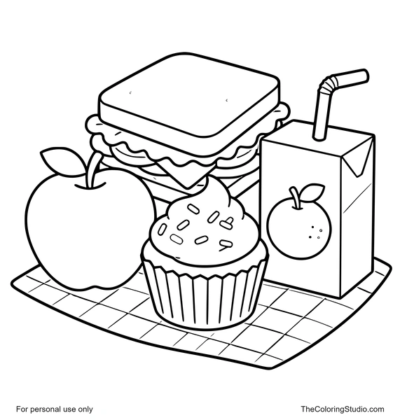 Smiling apple, cupcake, sandwich, and juice box grouped together on a white background.