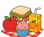 Smiling apple, cupcake, sandwich, and juice box grouped together on a white background.