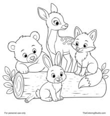 Cheerful bear cub, deer, fox, and rabbit gathered around a simple forest log on a white background.