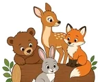 Cheerful bear cub, deer, fox, and rabbit gathered around a simple forest log on a white background.