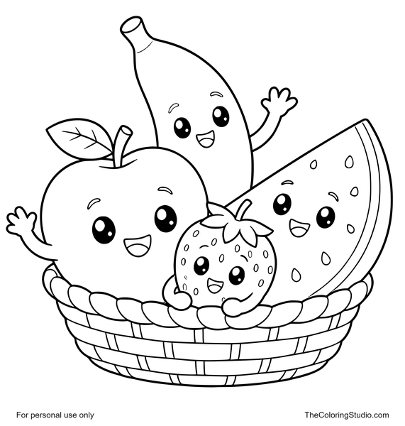 Apple, banana, strawberry, and watermelon slice arranged together around a small fruit basket on a white background.