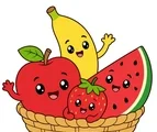 Apple, banana, strawberry, and watermelon slice arranged together around a small fruit basket on a white background.