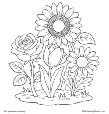 Smiling rose, tulip, sunflower, and daisy grouped on a simple garden patch on a white background.