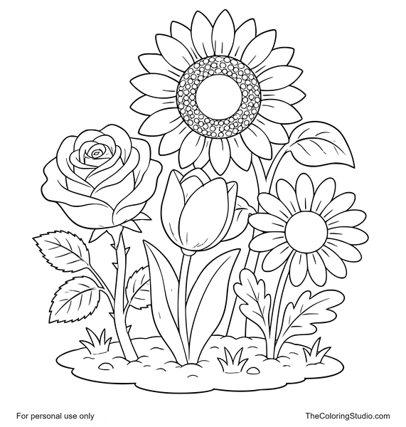 Smiling rose, tulip, sunflower, and daisy grouped on a simple garden patch on a white background.